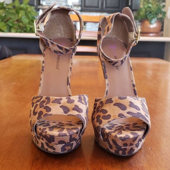 JUSTFAB Faux Suede Animal Print Heels Ankle Strap Black Brown - Picture 7 of 12